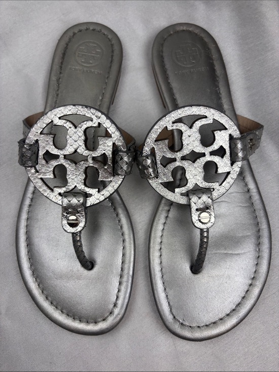 Tory Burch Shoes - Tory Burch Miller Silver Metallic Logo Thong Sandals